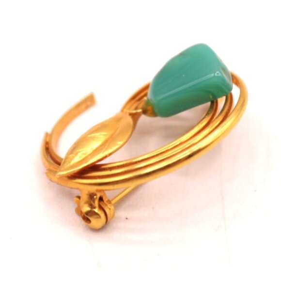 Vintage Leaf Brooch Pin Faux Turquoise Glass Cabochon Unsigned MCM Pc Gold Tone - Picture 4 of 9